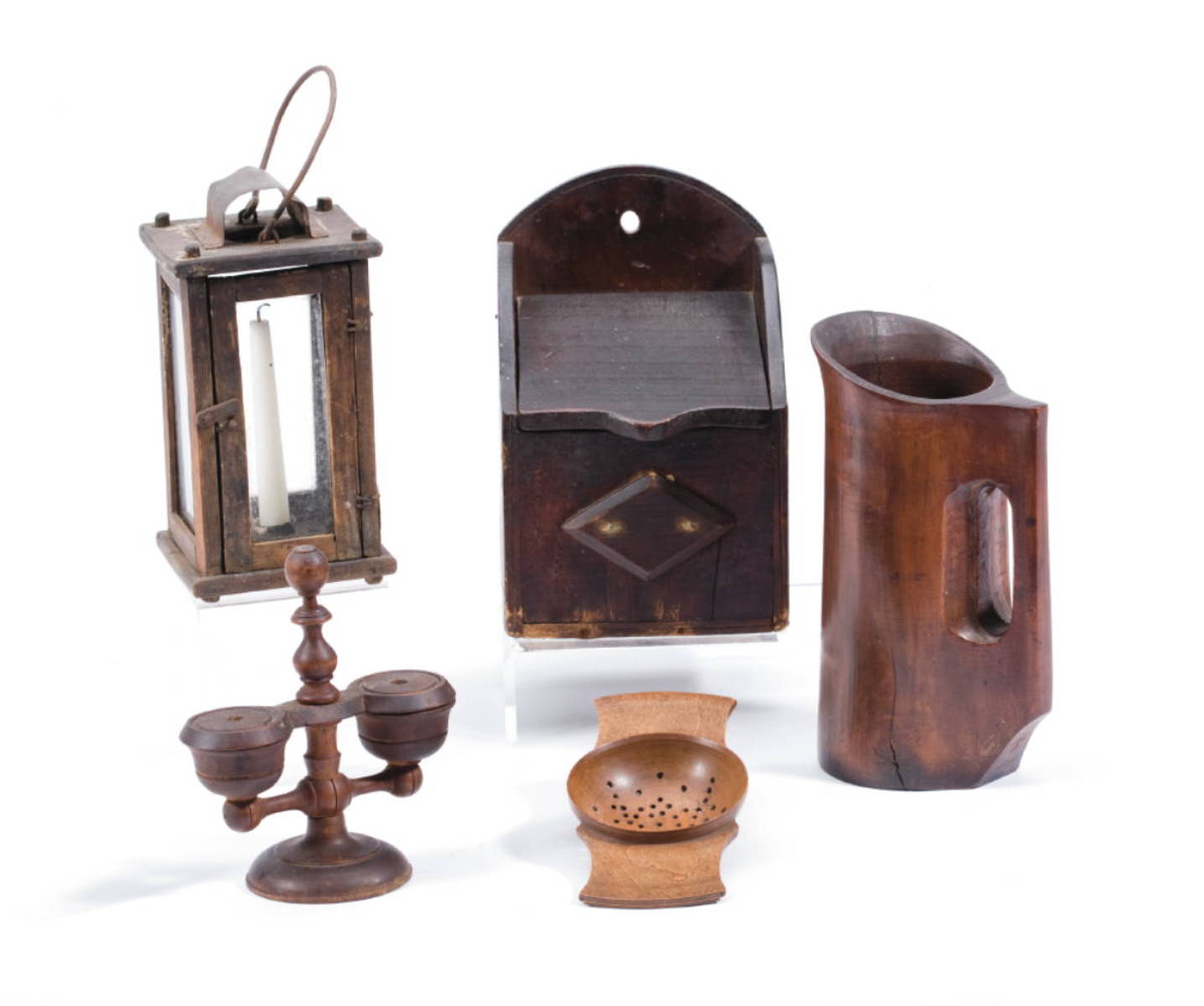 Appraisal: FIVE TREEN ARTICLES INCLUDING A LANTERN A PITCHER A WALL