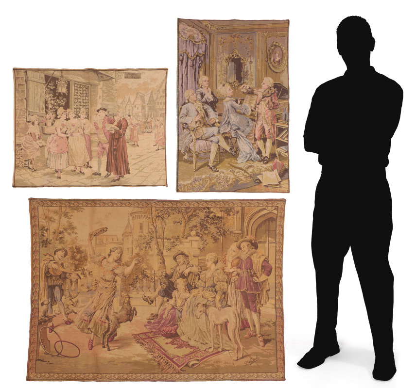 Appraisal: CONTINENTAL TAPESTRIES tapestries total to include Interior genre scene of