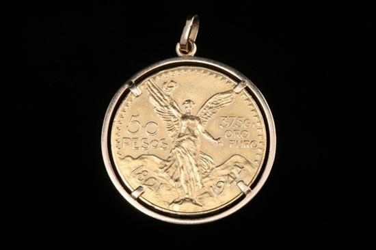 Appraisal: MEXICAN -PESOS GOLD COIN MOUNTED AS PENDANT Bright-polished pendant frame