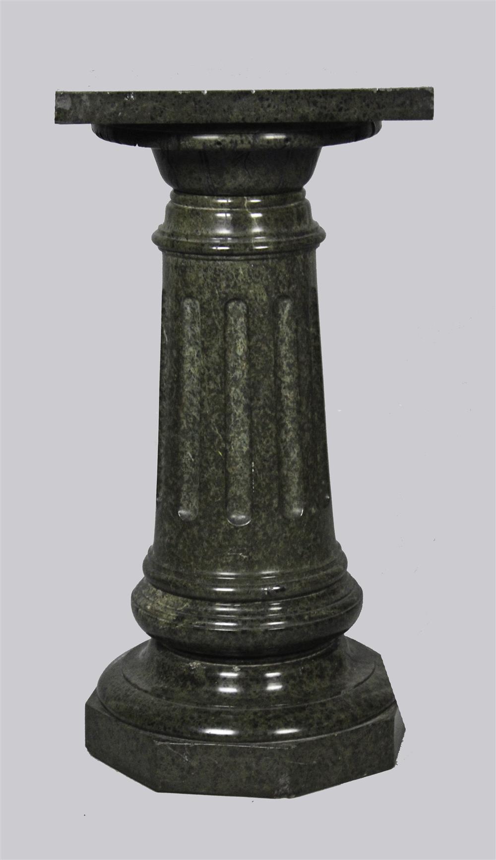 Appraisal: CLASSICAL STYLE GREEN MARBLE PEDESTAL square top above a ringed