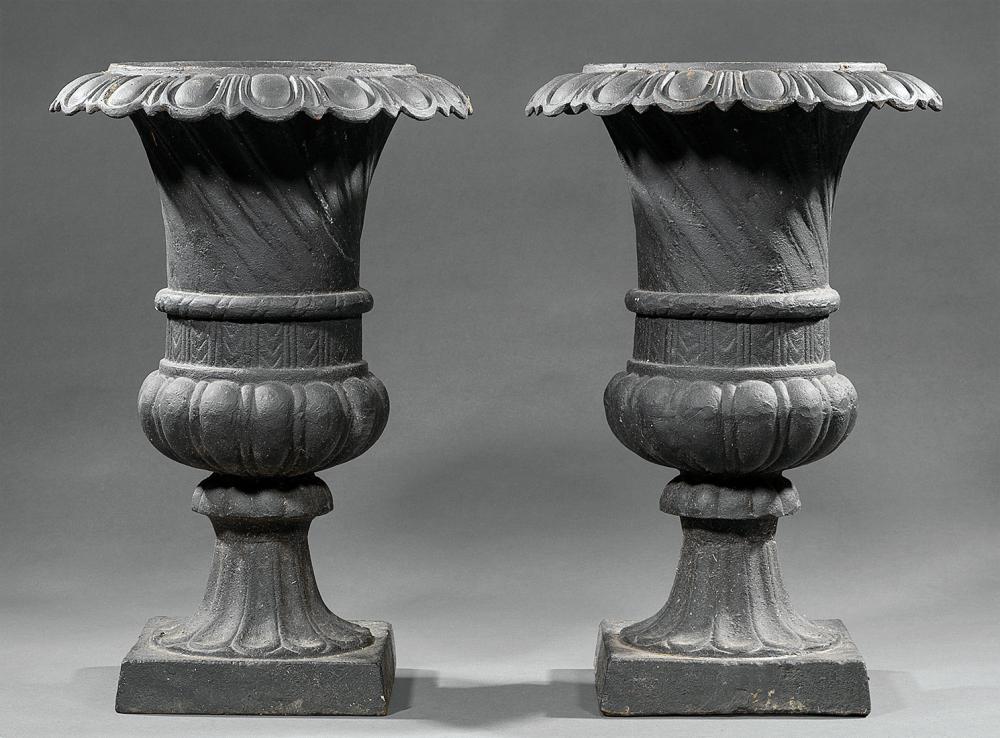 Appraisal: Pair of American Cast Iron Garden Urns egg-and-dart molded collar