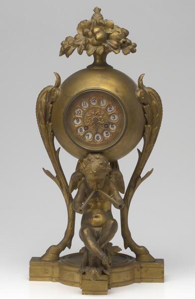 Appraisal: FRENCH MANTLE CLOCK Of dore bronze depicting a cherub playing