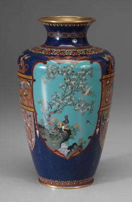 Appraisal: Japanese cloisonn vase conical form with brass rims shaped cartouches