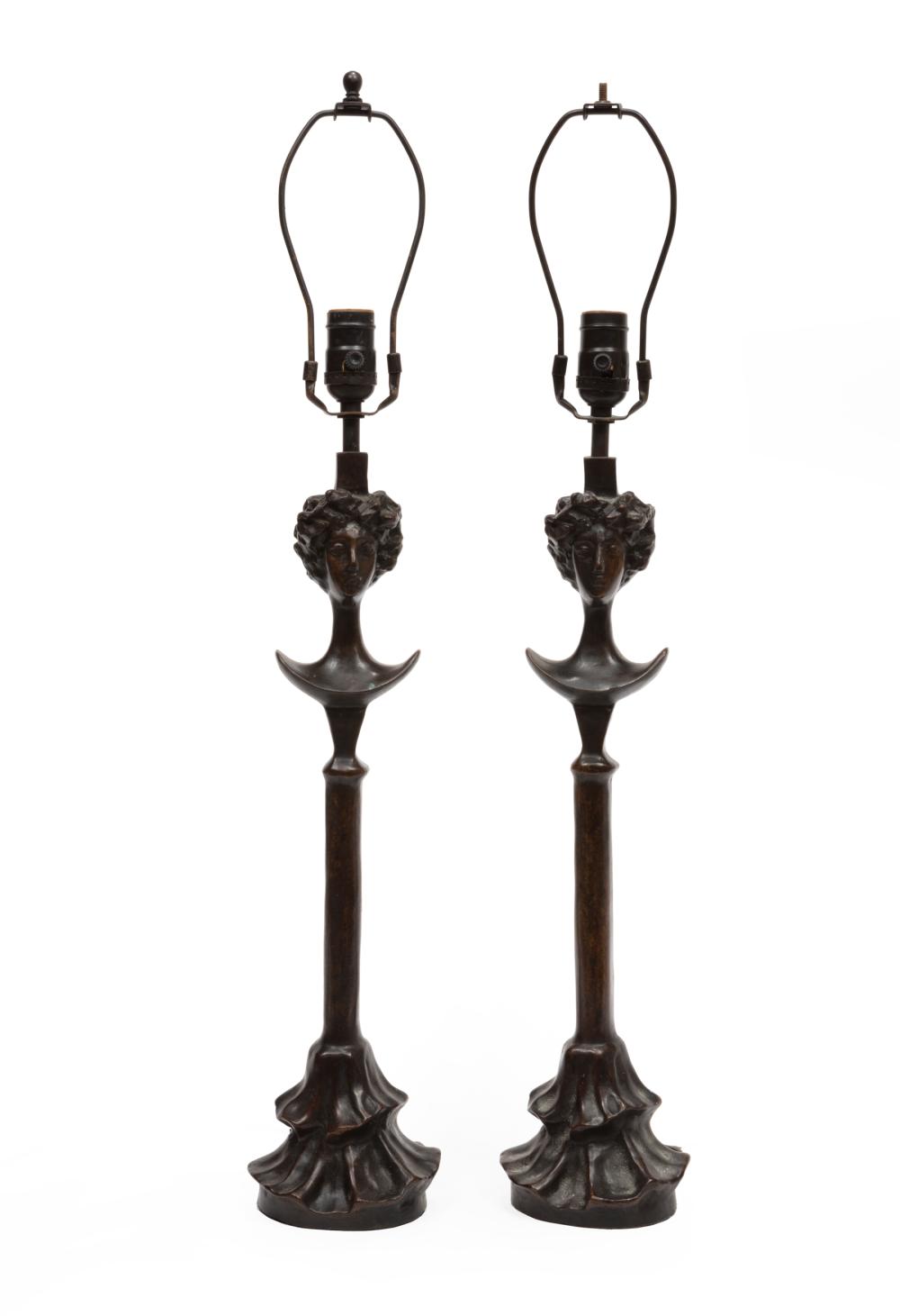 Appraisal: Pair of Giacometti-Style Patinated Bronze Tete de Femme Table Lamps