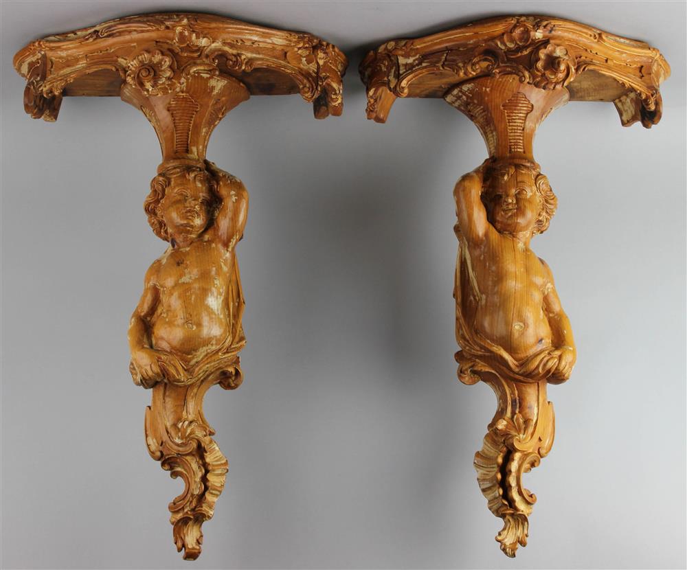 Appraisal: PAIR OF LOUIS XV STYLE CARVED BEECHWOOD WALL BRACKETS th