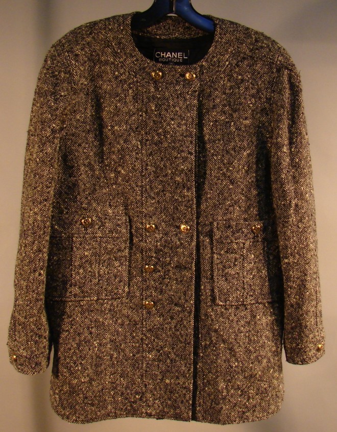 Appraisal: CHANEL Black White Tweed Jacket Double Breasted with gold buttons