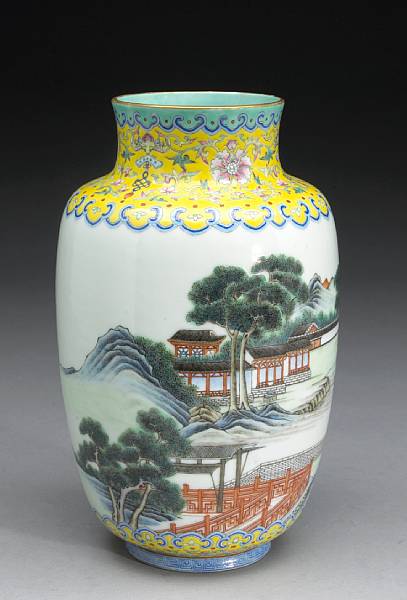 Appraisal: A famille jaune enameled porcelain vase Jiaqing Mark Republican Period