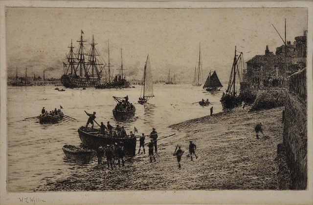 Appraisal: WILLIAM LIONEL WYLLIE - Figures and shipping at low tide