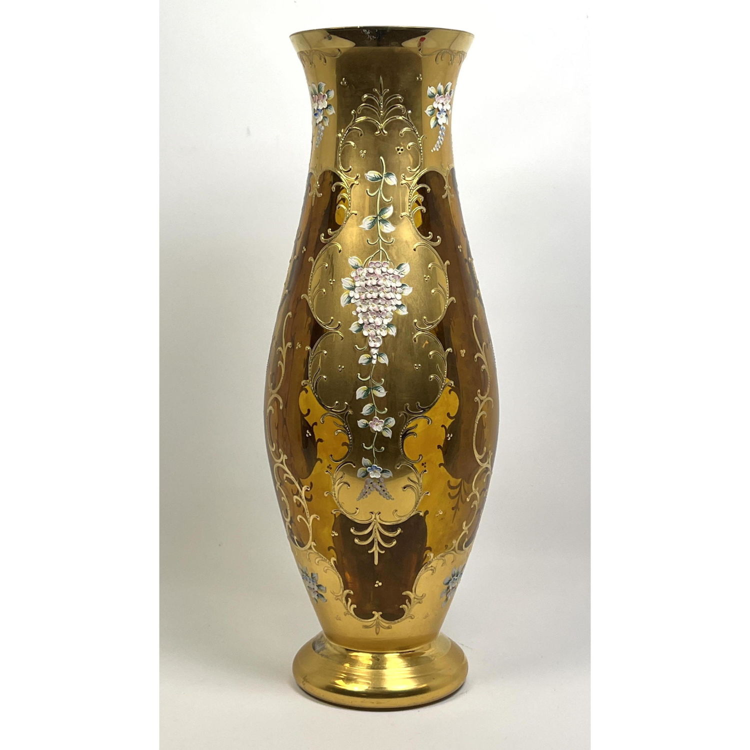 Appraisal: Amber Bohemian Glass Vase Gold Hand Painted trim with floral