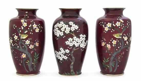 Appraisal: A Group of Three Pigeon Blood Cloisonne Vases with flowering