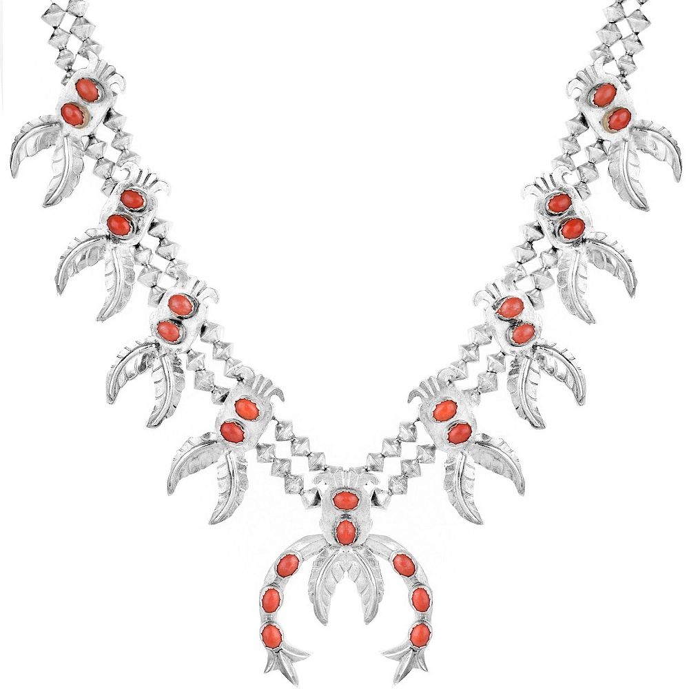 Appraisal: Silver and Red Coral Squash Blossom Necklace Vintage Silver and