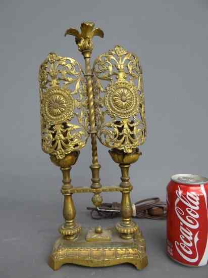 Appraisal: Early brass double lamp '' Ht