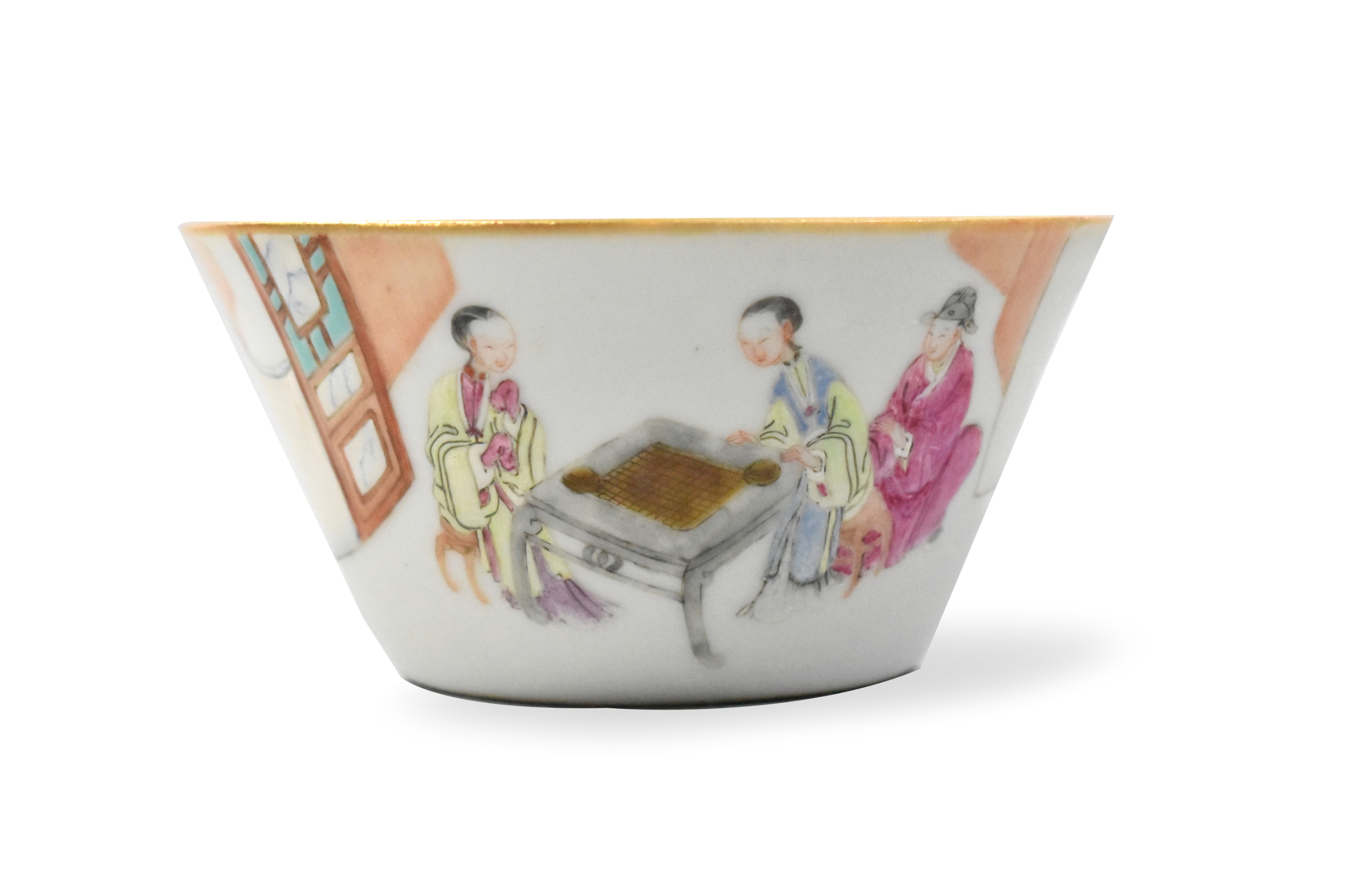 Appraisal: A Chinese famille rose cup with figures Three figures sit