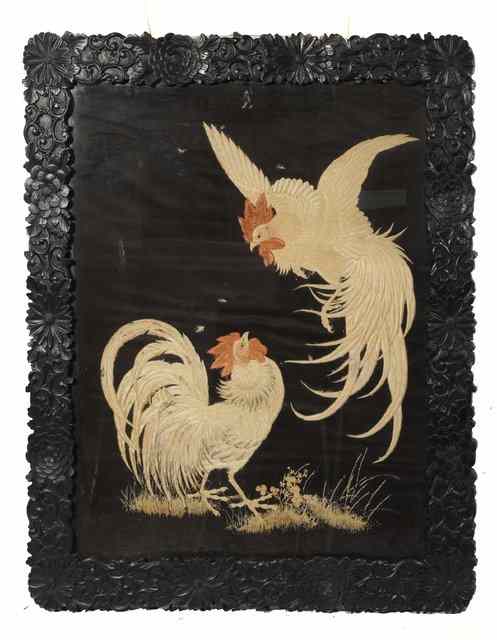 Appraisal: A JAPANESE SILKWORK PANEL portraying two fighting game cocks in