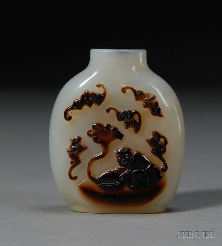 Appraisal: Shadow Agate Snuff Bottle China th century relief carved with