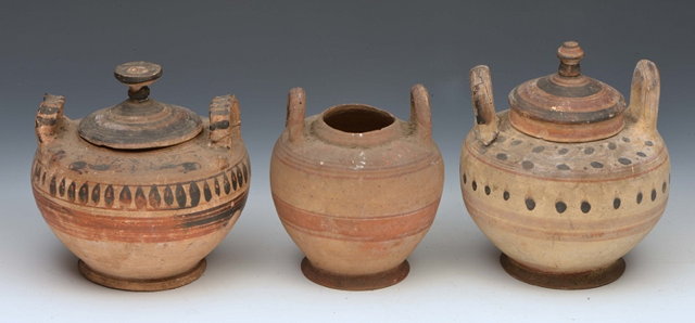 Appraisal: THREE CYPRIOT WARE TWO HANDLED POTS of baluster form two