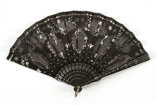 Appraisal: BLACK CHIFFON AND WOOD SPANGLED FOLDING FAN Late th CenturyBlack