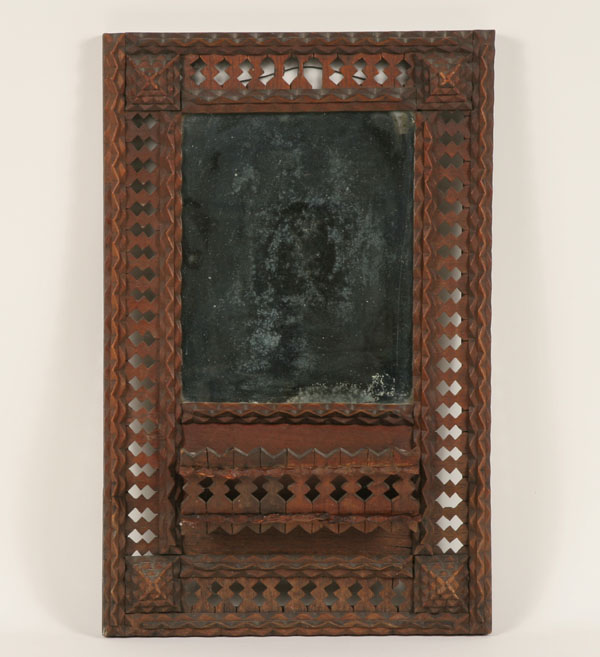 Appraisal: Tramp art chip carved wall mirror with comb box layered