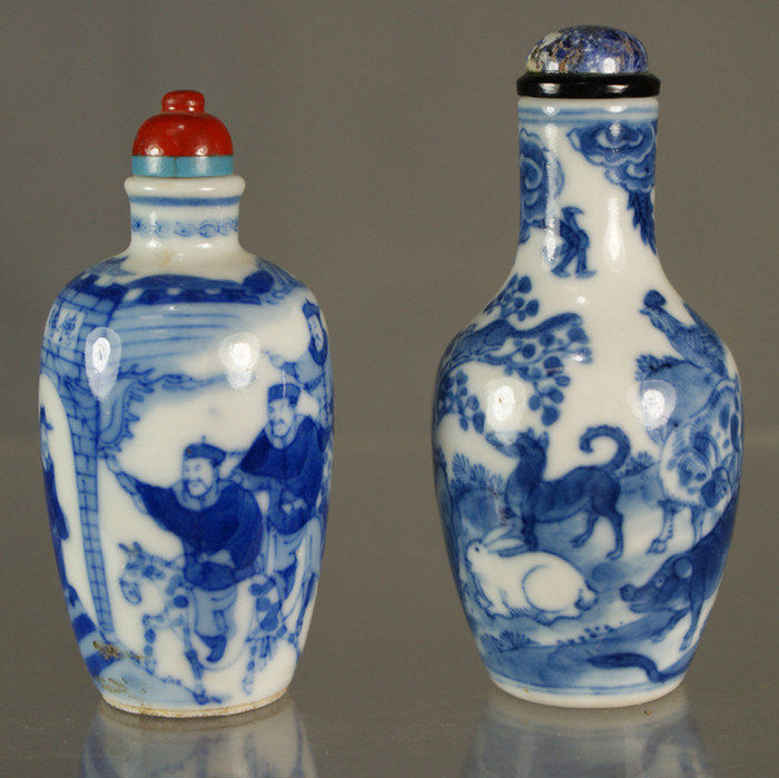 Appraisal: porcelain snuff bottles each with blue underglaze figures in landscape