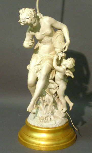 Appraisal: Metal figural lamp of a girl with cherub painted white