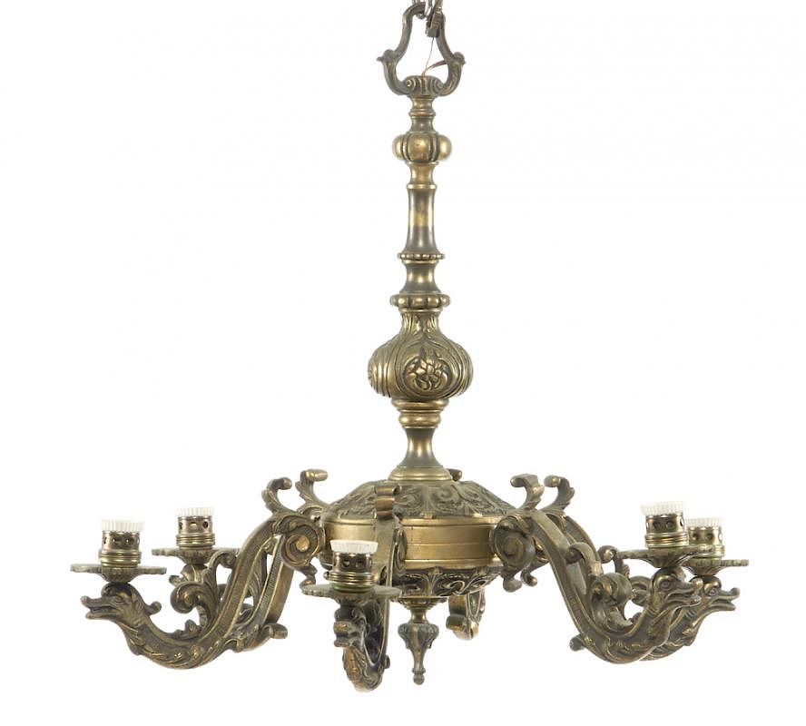 Appraisal: Bronze light chandelier in patinated finish Bronze light chandelier in