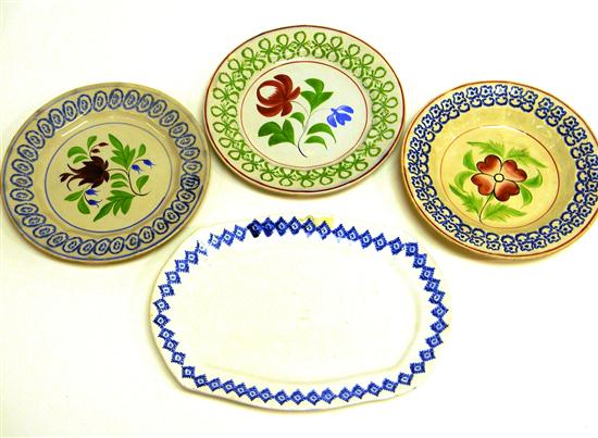 Appraisal: Four pieces of sitck spatterware including a platter blue border