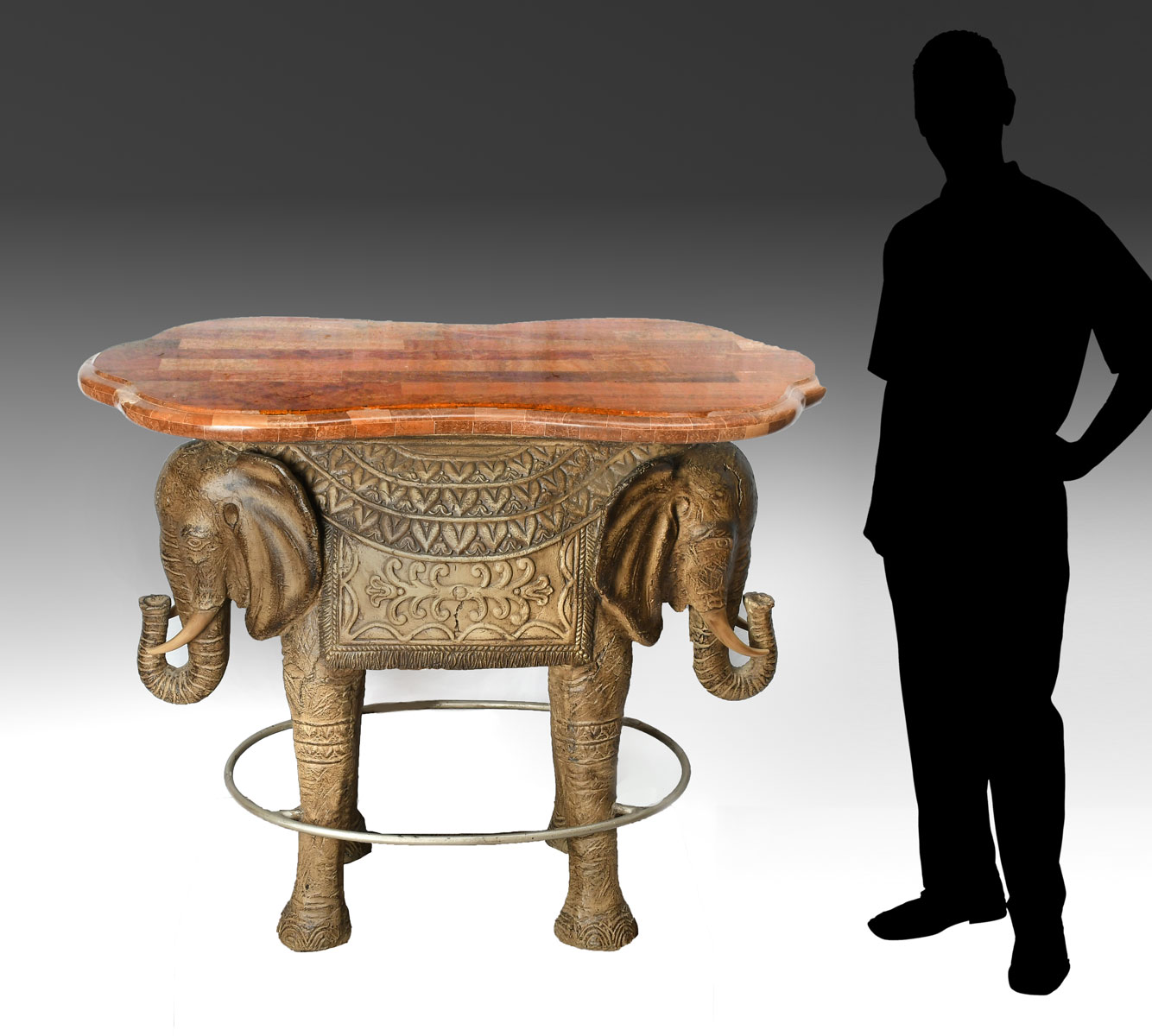 Appraisal: MARBLETOP ELEPHANT BAR HEIGHT TABLE WITH BAR RAIL Beautiful curved