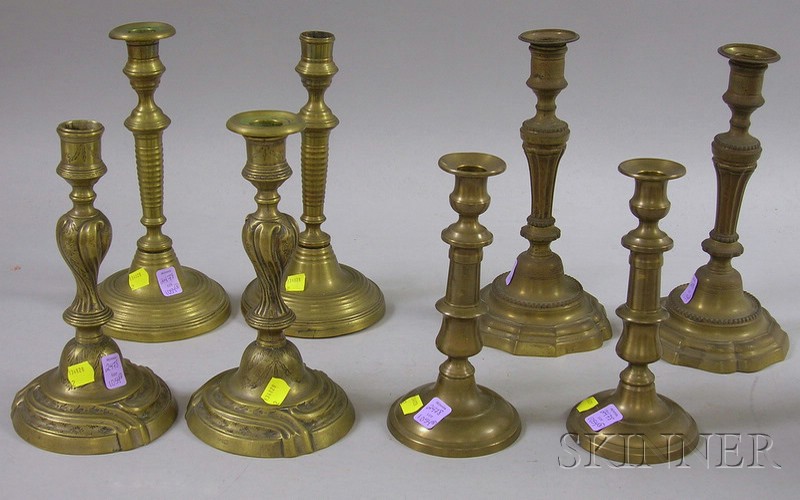 Appraisal: Four Pairs of Brass Candlesticks ht to in