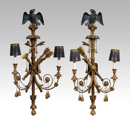 Appraisal: Pair gilt Federal style sconces each with eagle pediment above