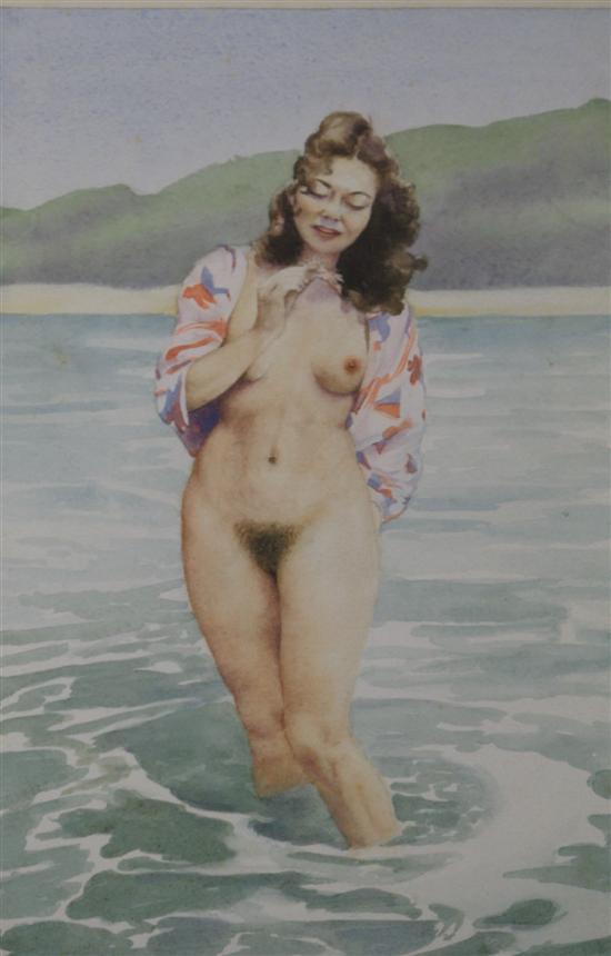 Appraisal: Wilfred G May watercolour of a female nude paddling signed