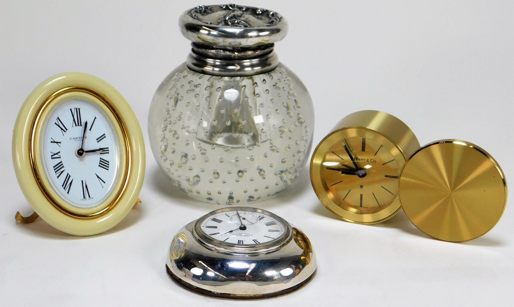 Appraisal: PC TIFFANY CARTIER ASPREY DESK CLOCKS INKWELL New York France