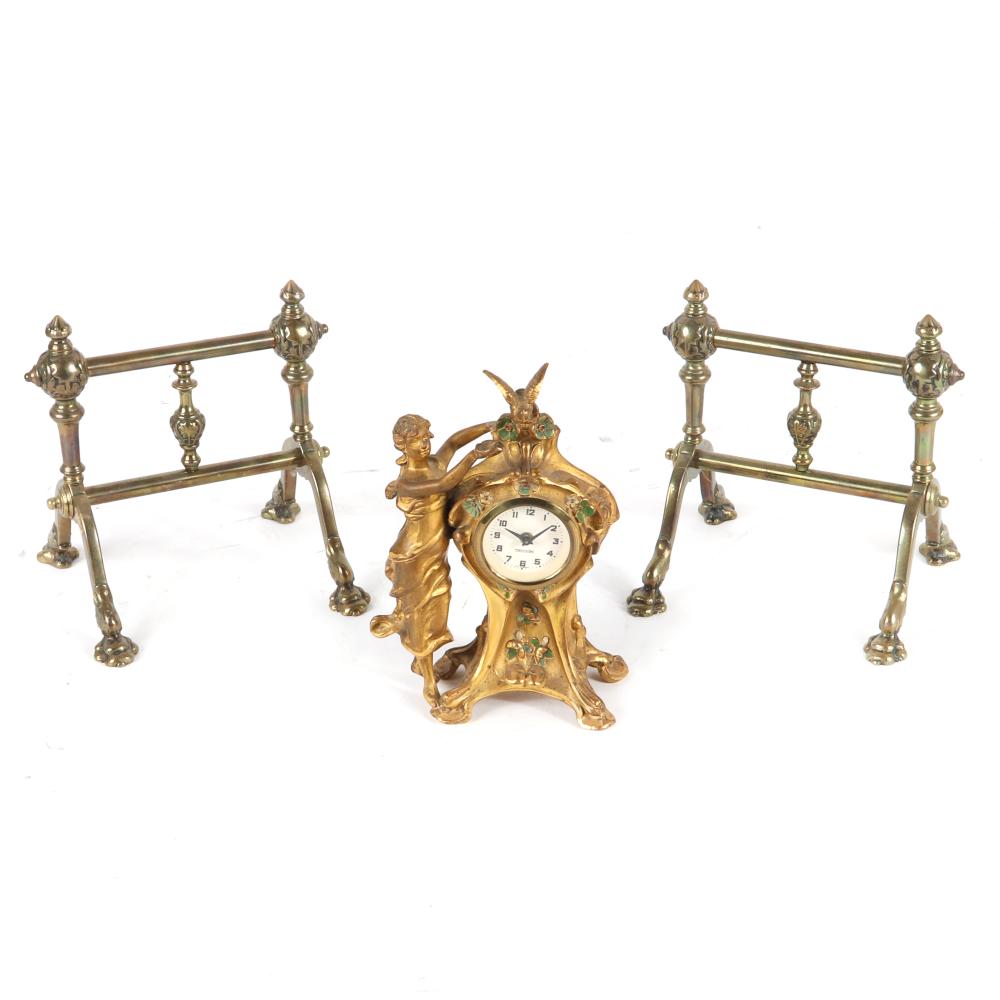 Appraisal: ART NOUVEAU GILT METAL LADY CLOCK WITH ENAMEL SHAMROCKS AND