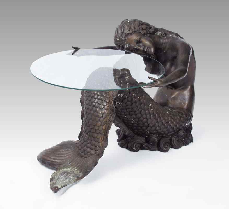 Appraisal: BRONZE FIGURAL MERMAID Removable glass tray in her hands ''