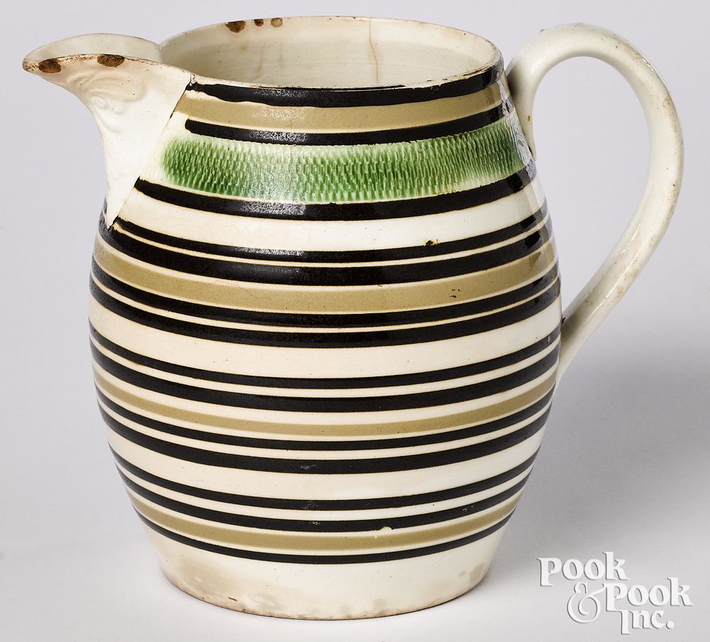 Appraisal: Mocha pitcher Mocha pitcher with black and grey bands h