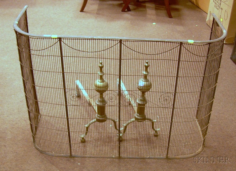 Appraisal: Brass and Wire Fireplace Fender and a Pair of Brass