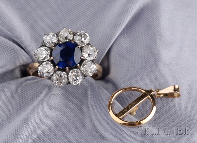 Appraisal: Antique Sapphire and Diamond Ring Pendant prong-set with a faceted