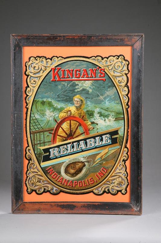 Appraisal: FRAMED ADVERTISING SIGN Reverse painted on glass Kingan's Indianapolis Ind