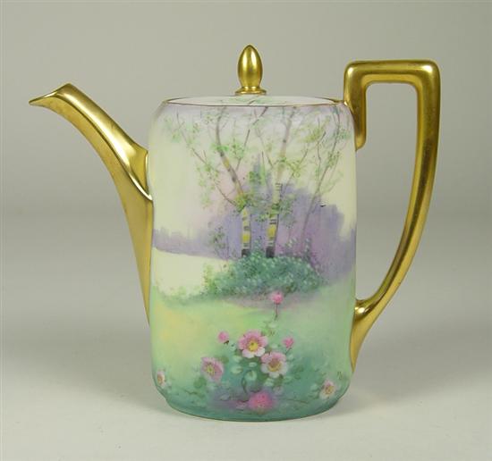 Appraisal: Pickard Coffee Pot Nice landscape scene of trees and lake