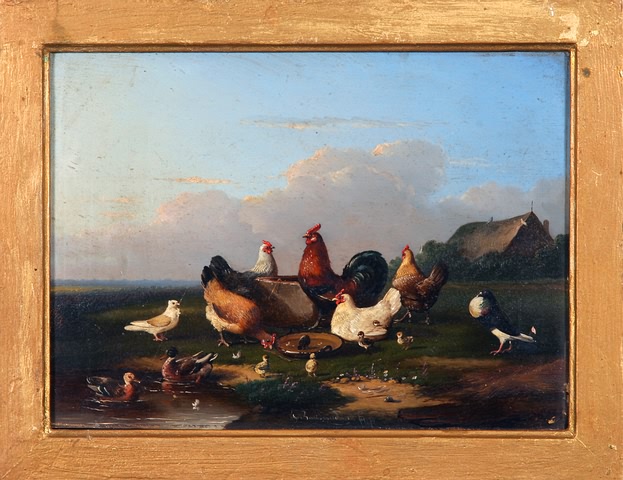 Appraisal: Chickens ducks and pigeons with thatch-roof building in background oil