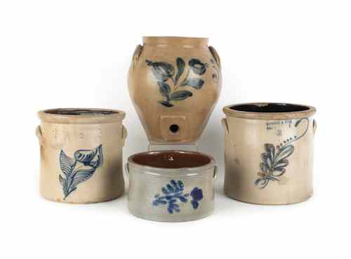 Appraisal: Three American stoneware crocks th c with cobalt decoration together