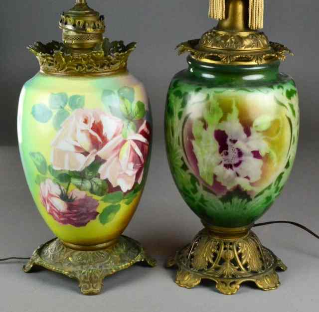 Appraisal: Pair Victorian Porcelain Brass Table LampsTwo lovely porcelain lamps consisting