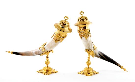 Appraisal: Pair gilt-metal mounted horns elaborate mount and stand supporting large