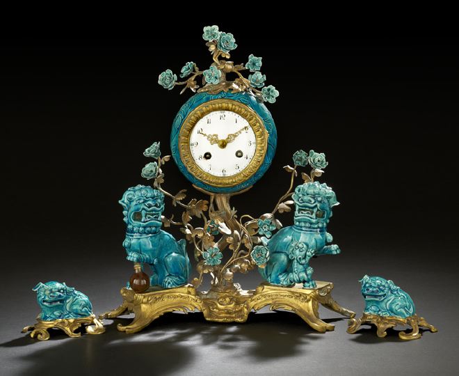 Appraisal: Unusual Three-Piece Chinese Porcelain and Gilt-Bronze Clock Garniture th century