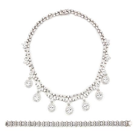 Appraisal: Simulated Diamond and Platinum Necklace and Bracelet Estimate -