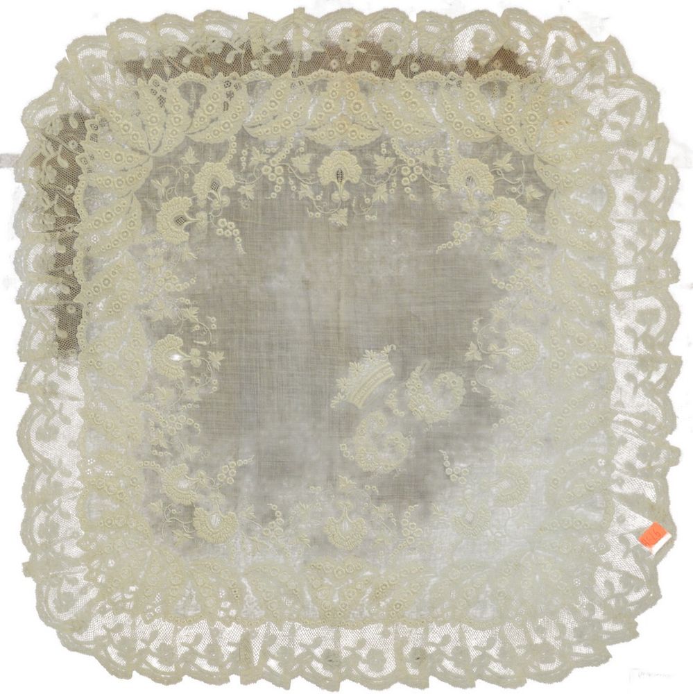 Appraisal: Antique Lace Embroidered Empress Handkerchief x having a Lord Taylor