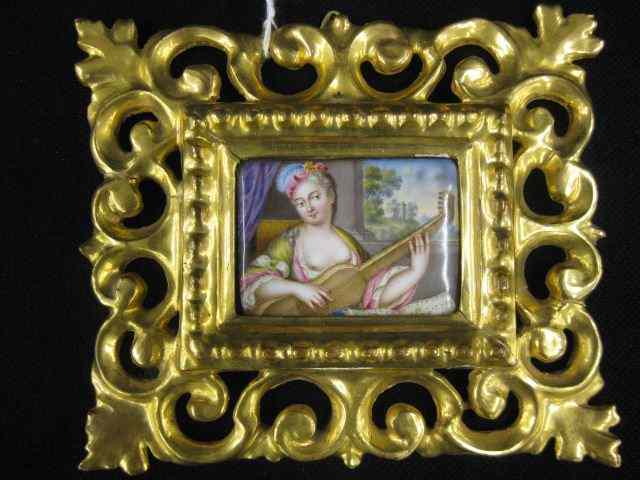 Appraisal: Miniature Painting on Porcelain semi-nude lady with guitar ornate Italian