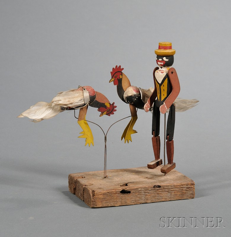 Appraisal: Three Articulated Painted Wooden Figures Mounted on Wood Base one