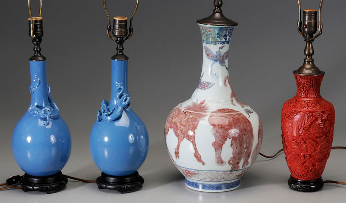 Appraisal: Four Chinese Lamp Bases formerly vases th century three porcelain