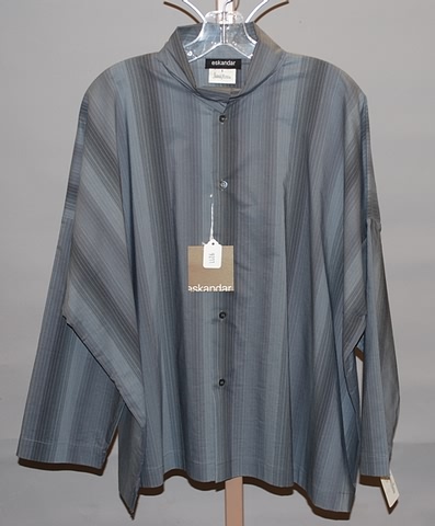 Appraisal: Eskandar gray striped cotton poly long sleeve scrunch neck shirt