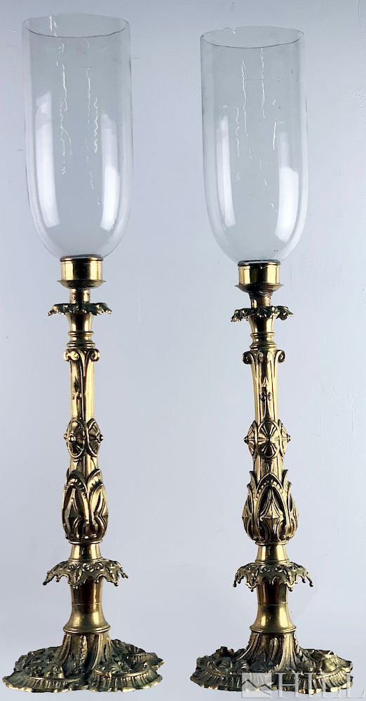 Appraisal: PAIR Antique Bronze French Hurricane Candlesticks Pair of Hurricane Candlesticks